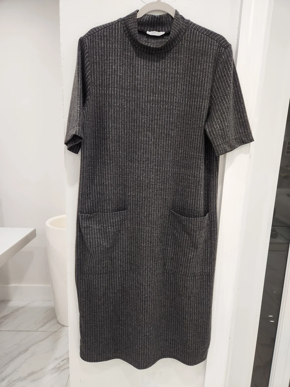 Zara Charcoal Rib-Knit Midi Dress with Front Pockets - Picture 1 of 9